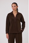 VELOUR RIB COLLAR TOP - toffee