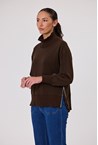 VELOUR RIB ZIP CREW - toffee